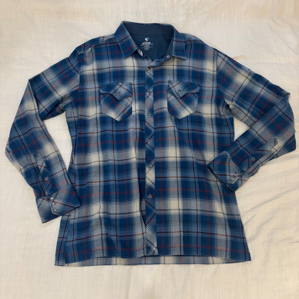 Kuhl Mens Large Snap front Western Shirt Blue Plaid Long Sleeve